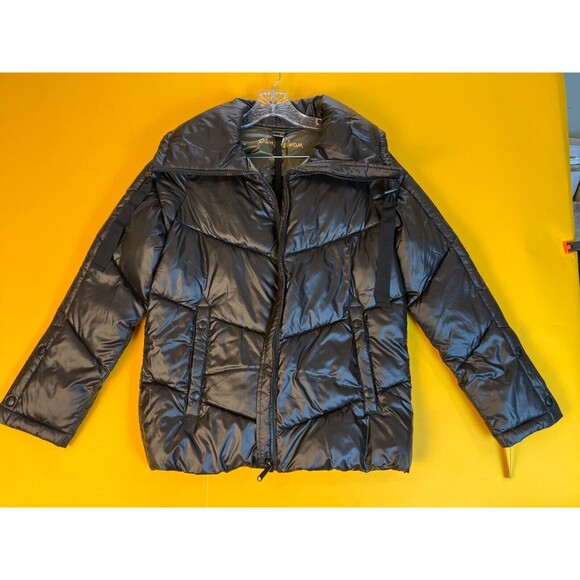 Sam Edelman Quilted Puffer Jacket Black Womens XS Polyester Zip Up Mock Neck NWT